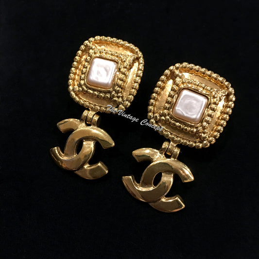 Chanel Gold Tone Square Faux Pearl Dangle Logo Clip Earrings 96A