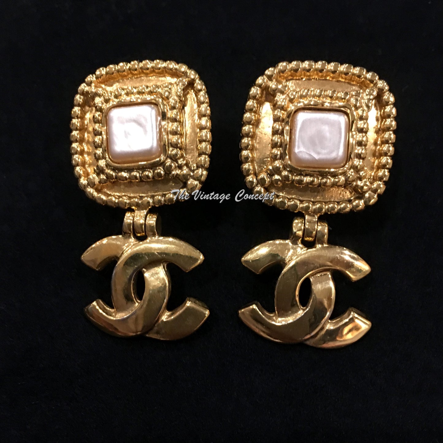 Chanel Gold Tone Square Faux Pearl Dangle Logo Clip Earrings 96A