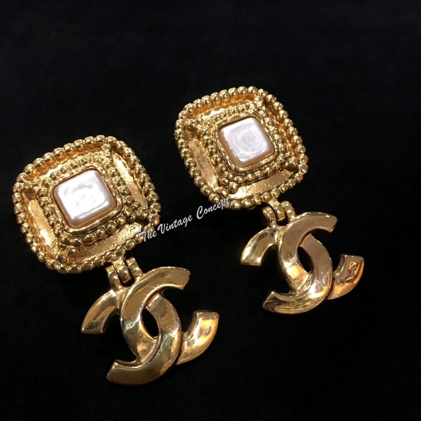 Chanel Gold Tone Square Faux Pearl Dangle Logo Clip Earrings 96A