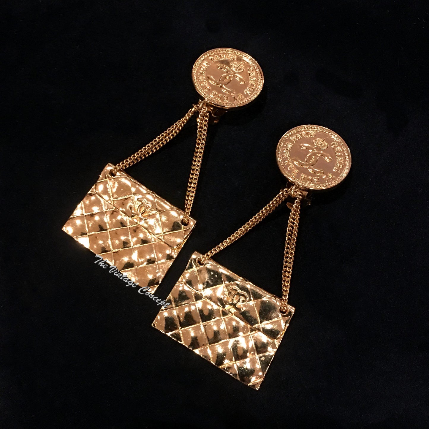 Chanel Gold Tone Dangle Hand Bag Clip Earrings from 80's