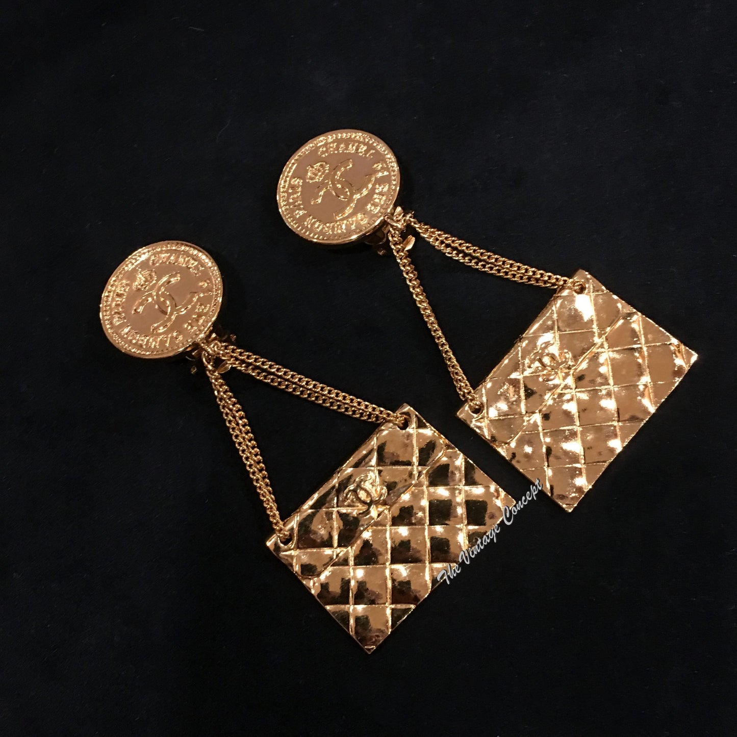 Chanel Gold Tone Dangle Hand Bag Clip Earrings from 80's