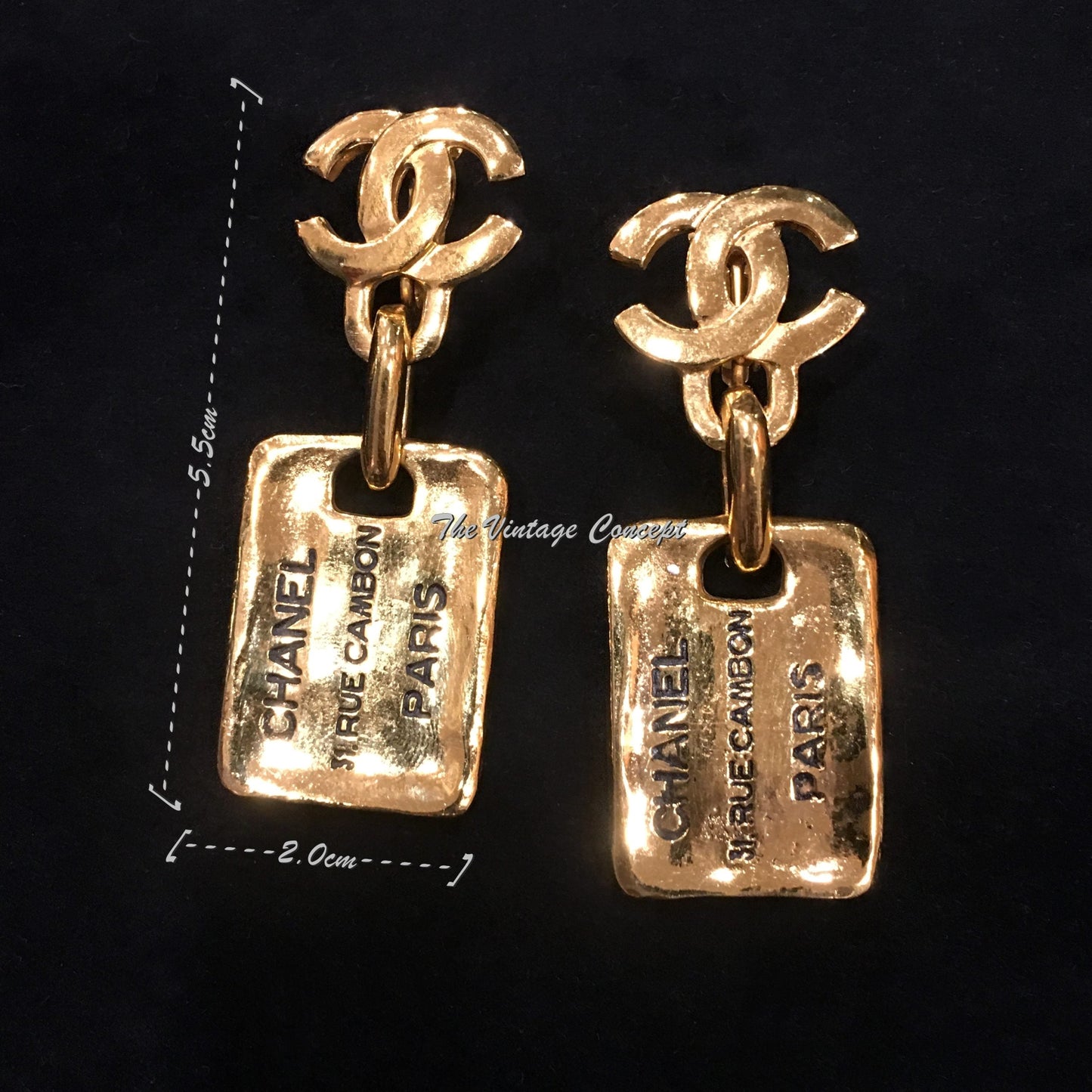 Chanel Gold Tone Dangle Rectangular 31 Rue Cambon Paris Clip Earrings from 80's (SOLD)