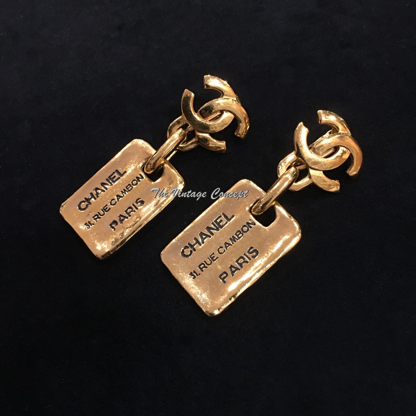 Chanel Gold Tone Dangle Rectangular 31 Rue Cambon Paris Clip Earrings from 80's (SOLD)