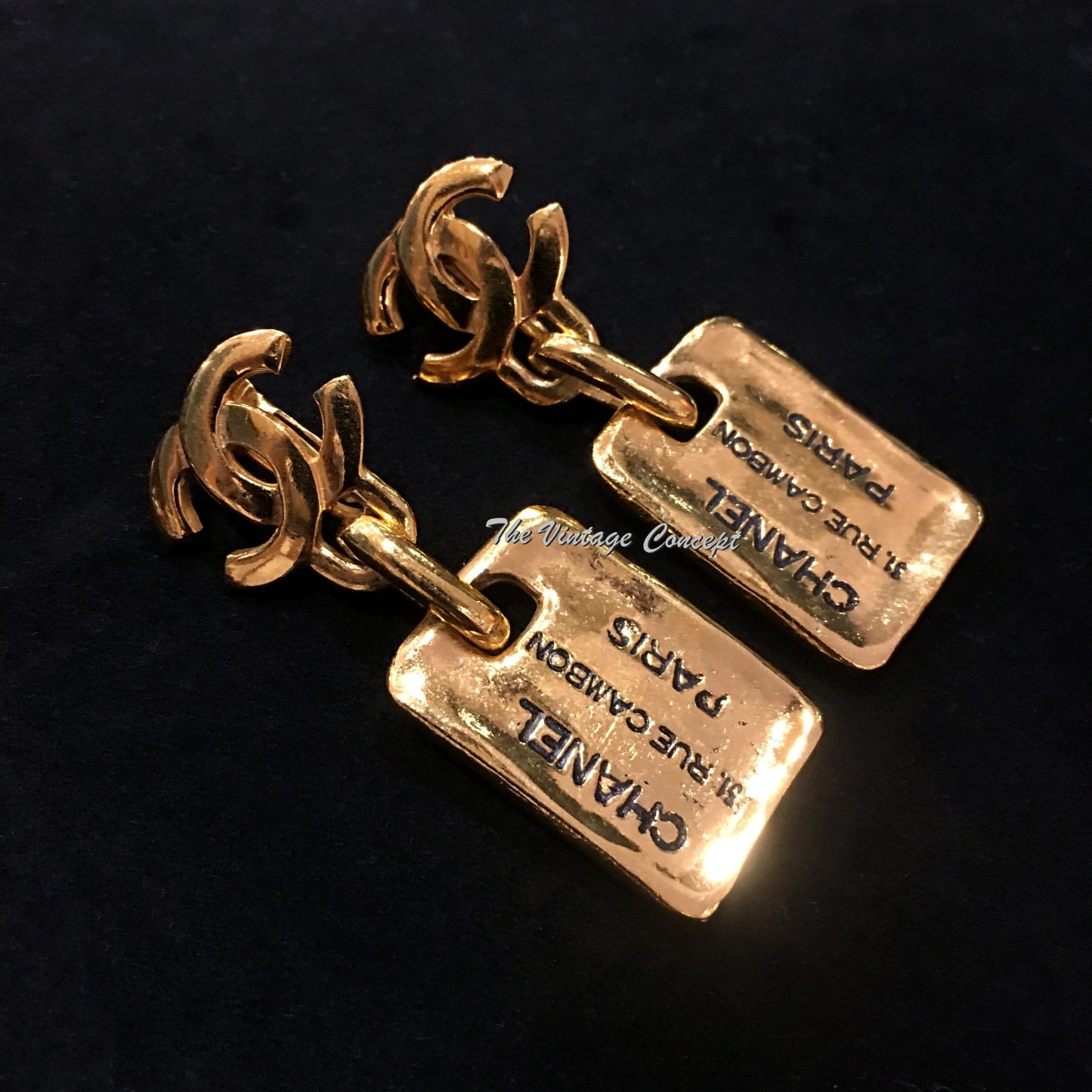 Chanel Gold Tone Dangle Rectangular 31 Rue Cambon Paris Clip Earrings from 80's (SOLD)