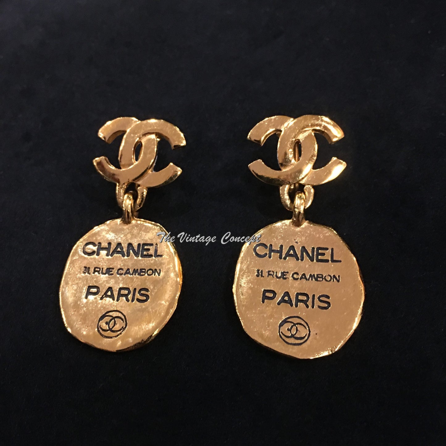 Chanel Gold Tone Dangle Round 31 Rue Cambon Paris Clip Earrings from 80's  (SOLD)