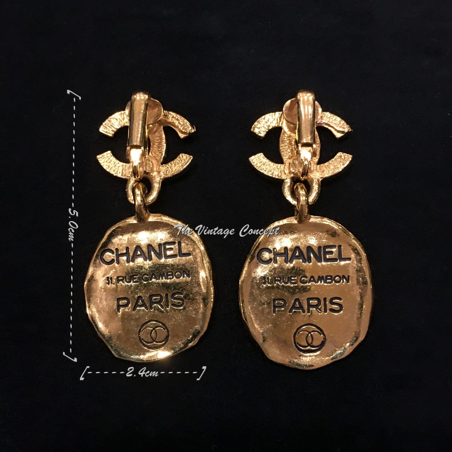 Chanel Gold Tone Dangle Round 31 Rue Cambon Paris Clip Earrings from 80's  (SOLD)