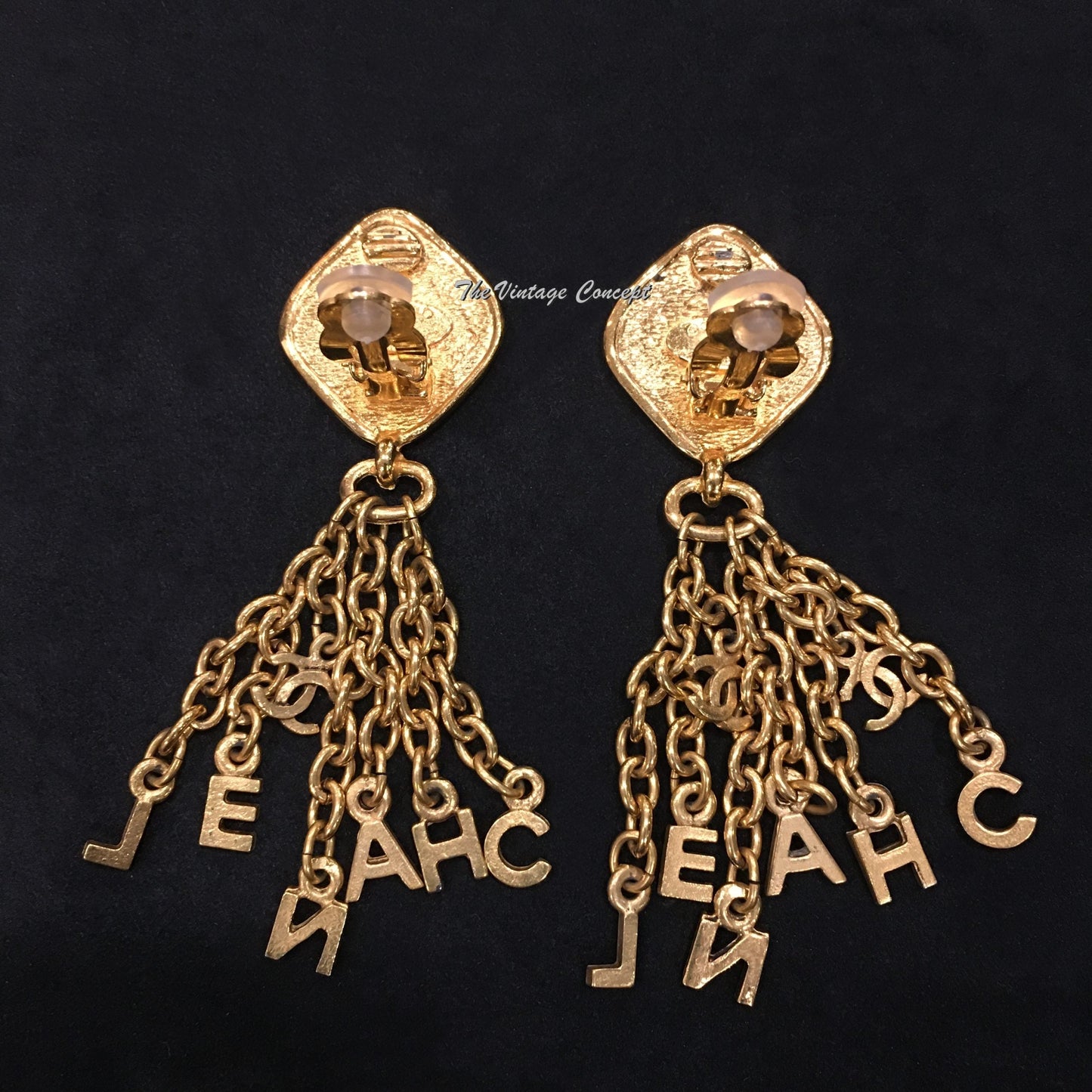 Chanel Gold Tone Diamond Shape Dangle C-H-A-N-E-L Clip Earring from 80's