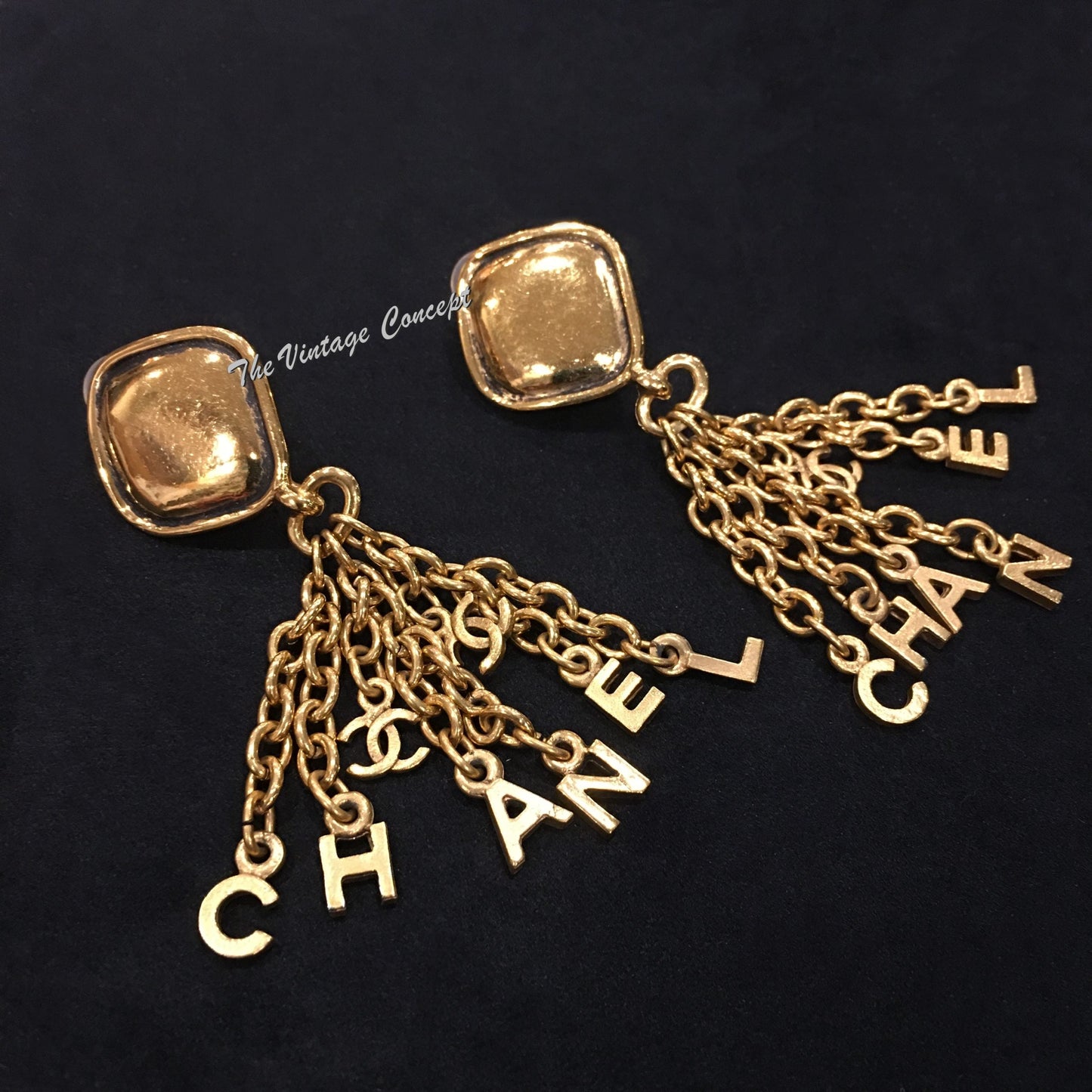 Chanel Gold Tone Diamond Shape Dangle C-H-A-N-E-L Clip Earring from 80's