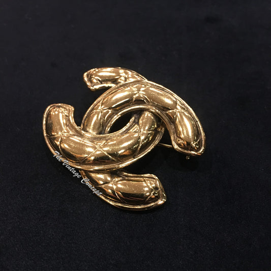 Chanel Gold Tone Quilted CC Logo Brooch from 1980's