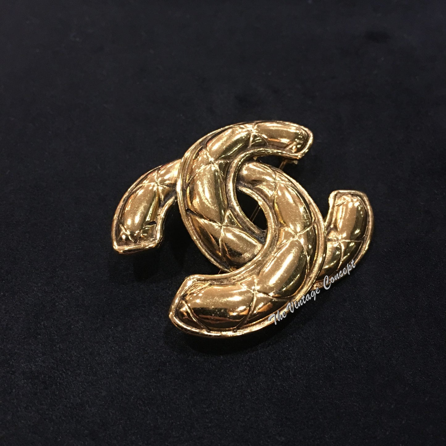 Chanel Gold Tone Quilted CC Logo Brooch from 1980's