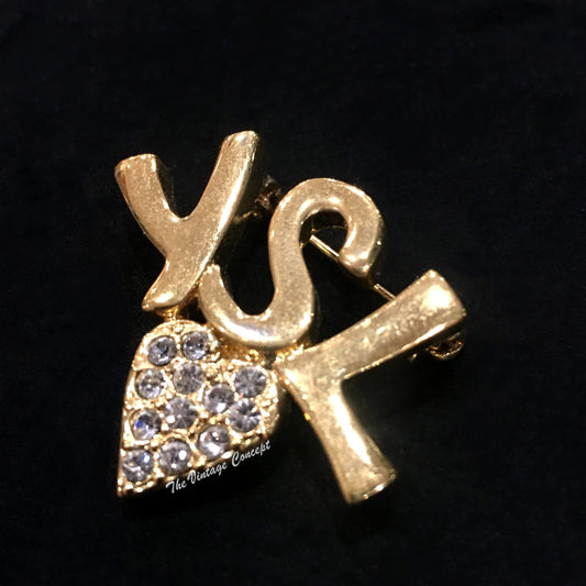 YSL Gold Tone Brooch w/ Heart Shape Rhinestone