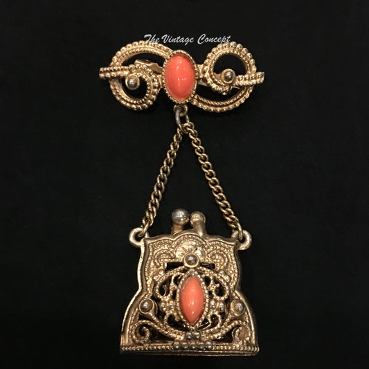 Vintage Filigree Gold tone Coral Glass Purse Brooch 1960's  (SOLD)