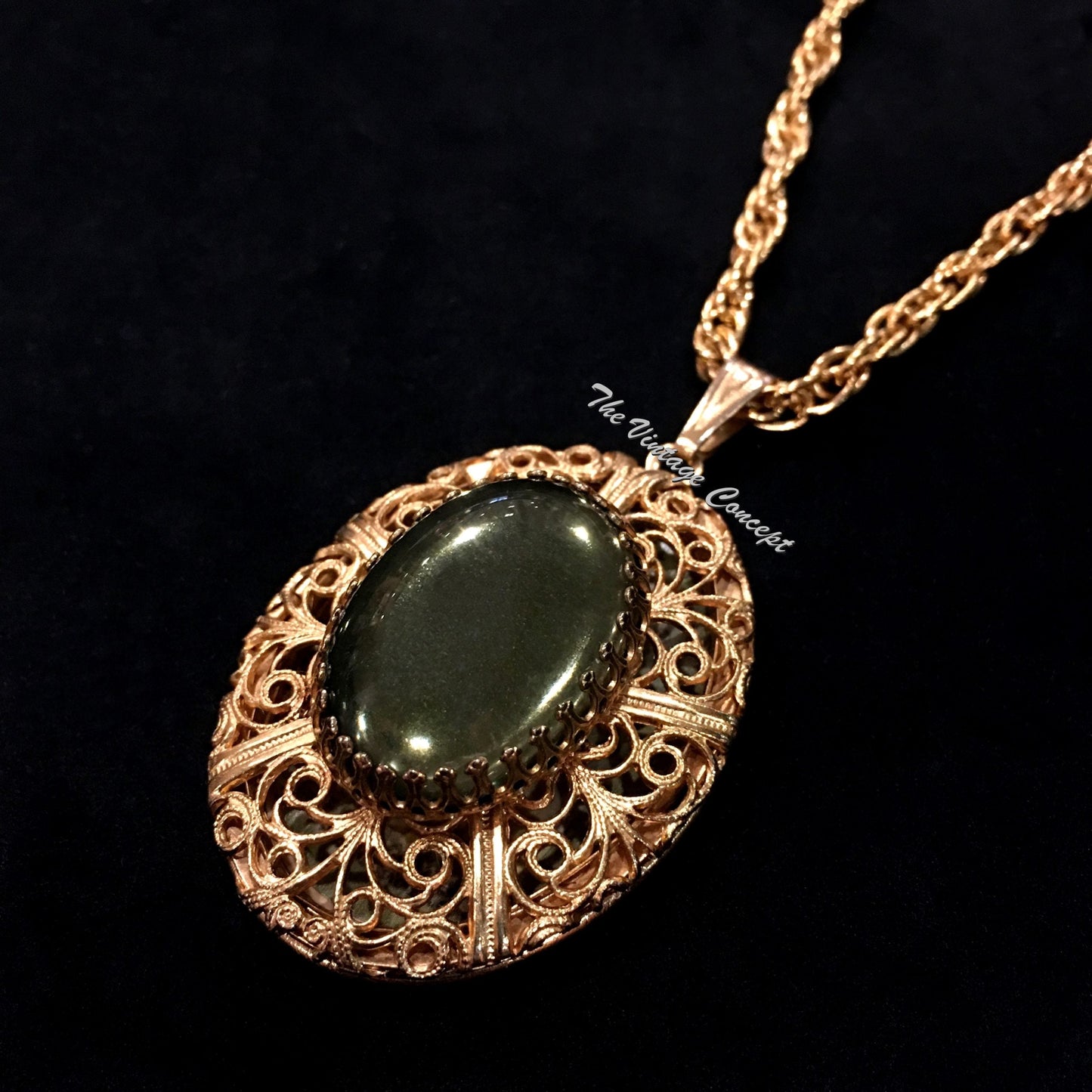 Vintage Gilt Metal Filigree Locket Pendant Long Necklace 1950's (SOLD)