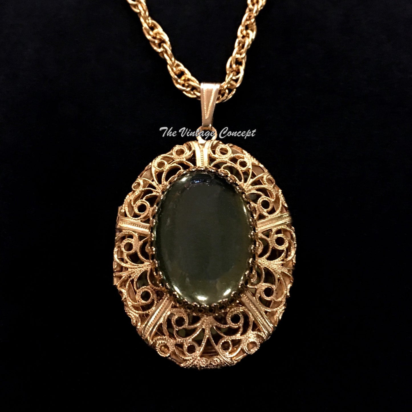 Vintage Gilt Metal Filigree Locket Pendant Long Necklace 1950's (SOLD)