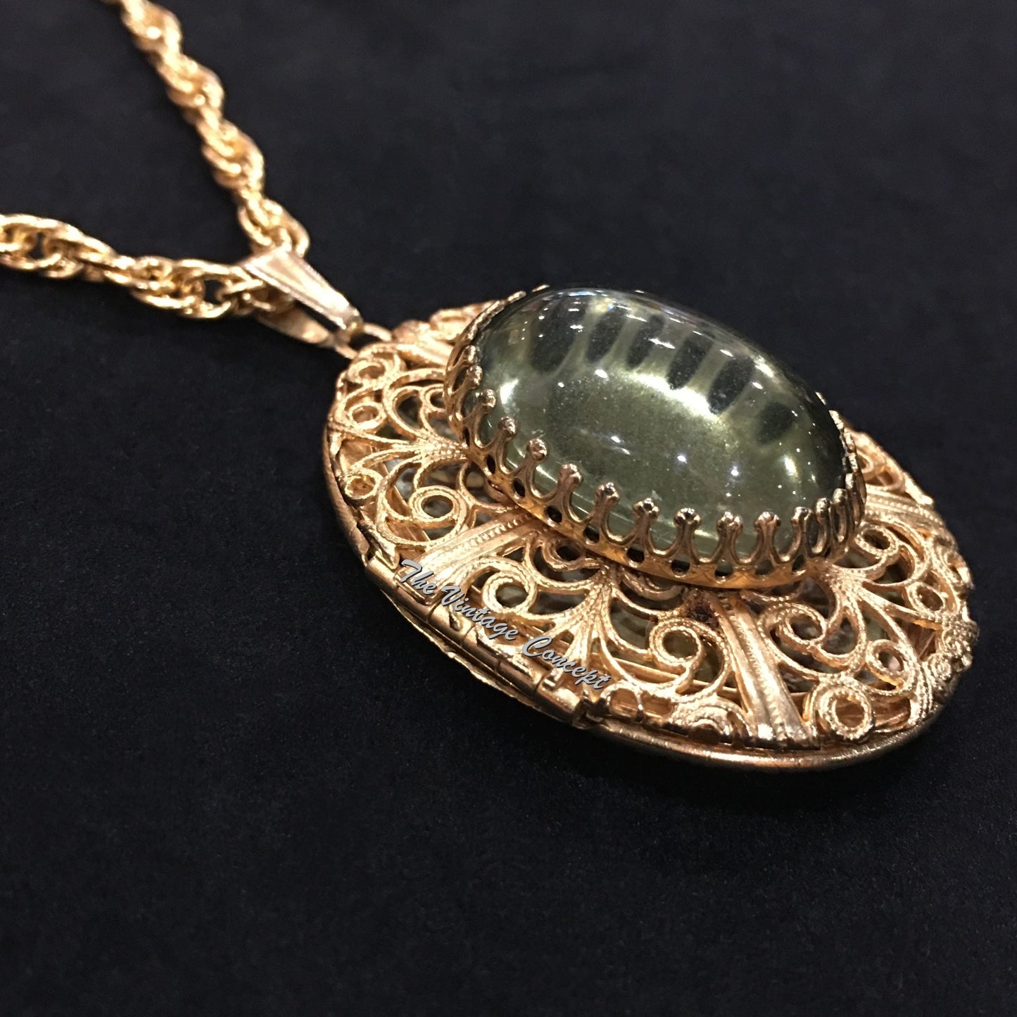 Vintage Gilt Metal Filigree Locket Pendant Long Necklace 1950's (SOLD)