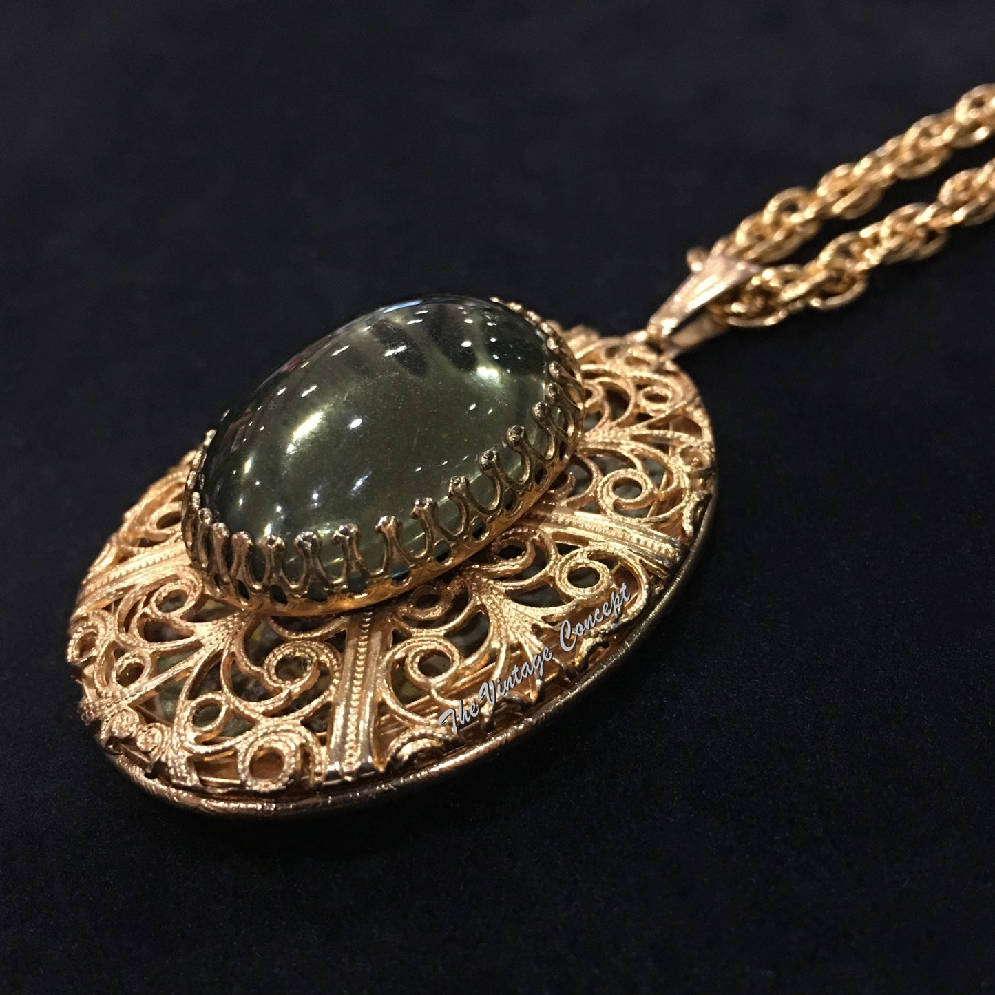 Vintage Gilt Metal Filigree Locket Pendant Long Necklace 1950's (SOLD)