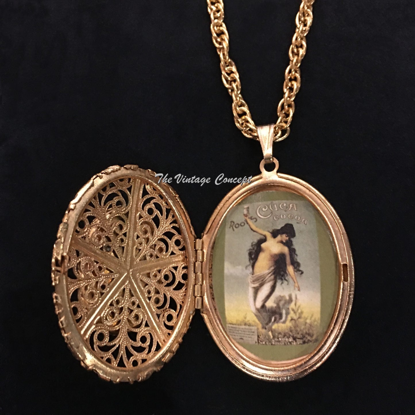 Vintage Gilt Metal Filigree Locket Pendant Long Necklace 1950's (SOLD)