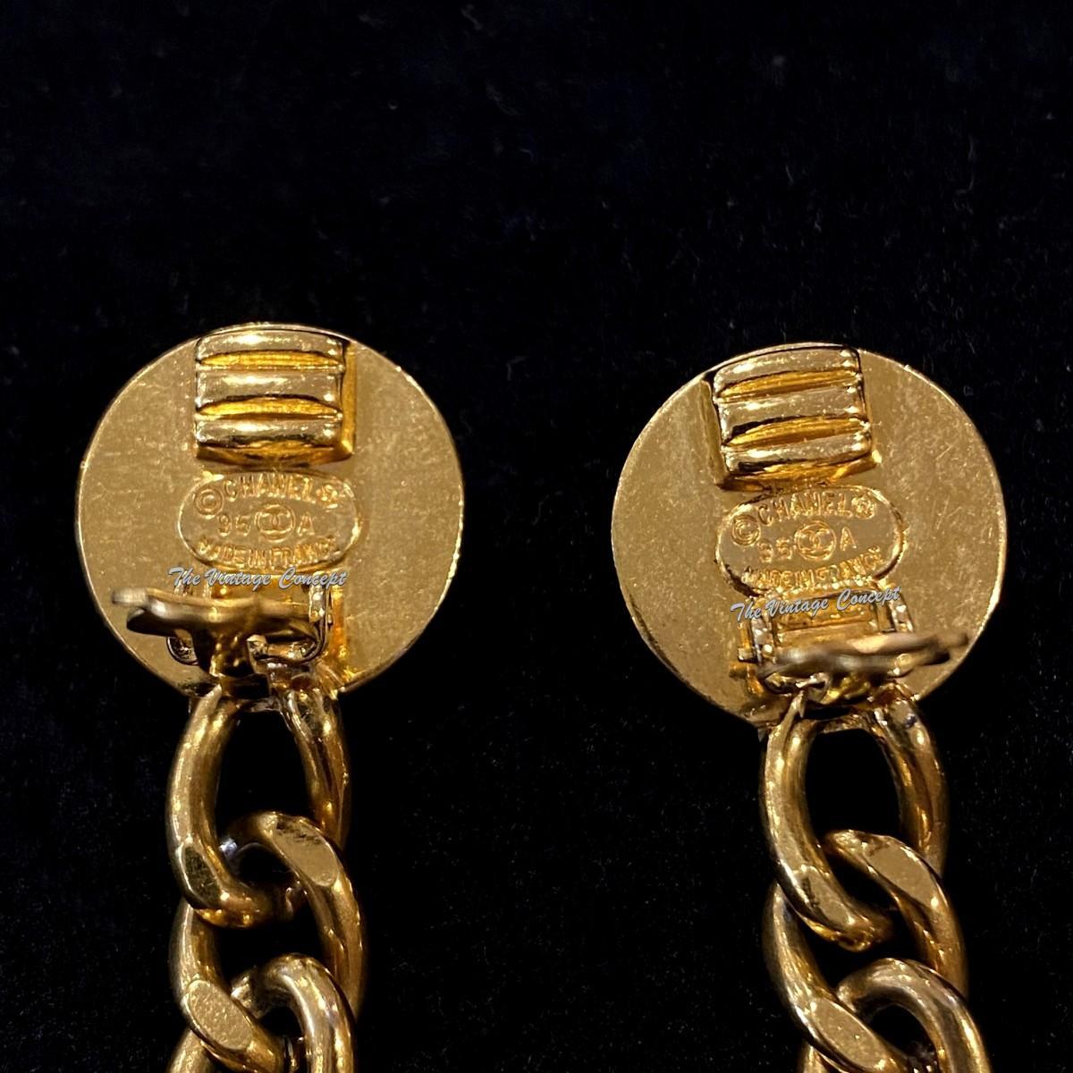 Chanel Gold Tone Chain Dangle Turn Lock CC Logo Clip Earrings 96A