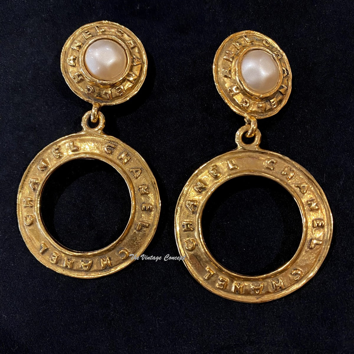 Chanel Gold Tone Faux Pearl Chunky Large Dangle Hoop Earrings "2 6" 1987/89 (SOLD)