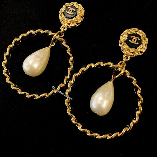 Chanel Gold Tone Dangle Faux Pearl Chunky Leather Hoop Clip Earrings 95A (SOLD)