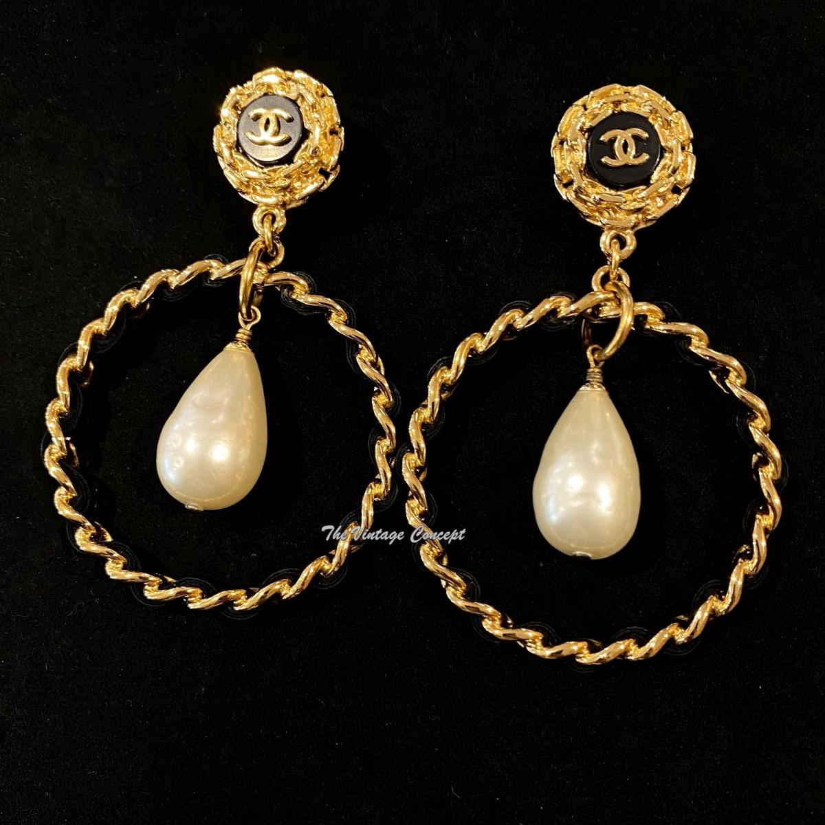 Chanel Gold Tone Dangle Faux Pearl Chunky Leather Hoop Clip Earrings 95A (SOLD)