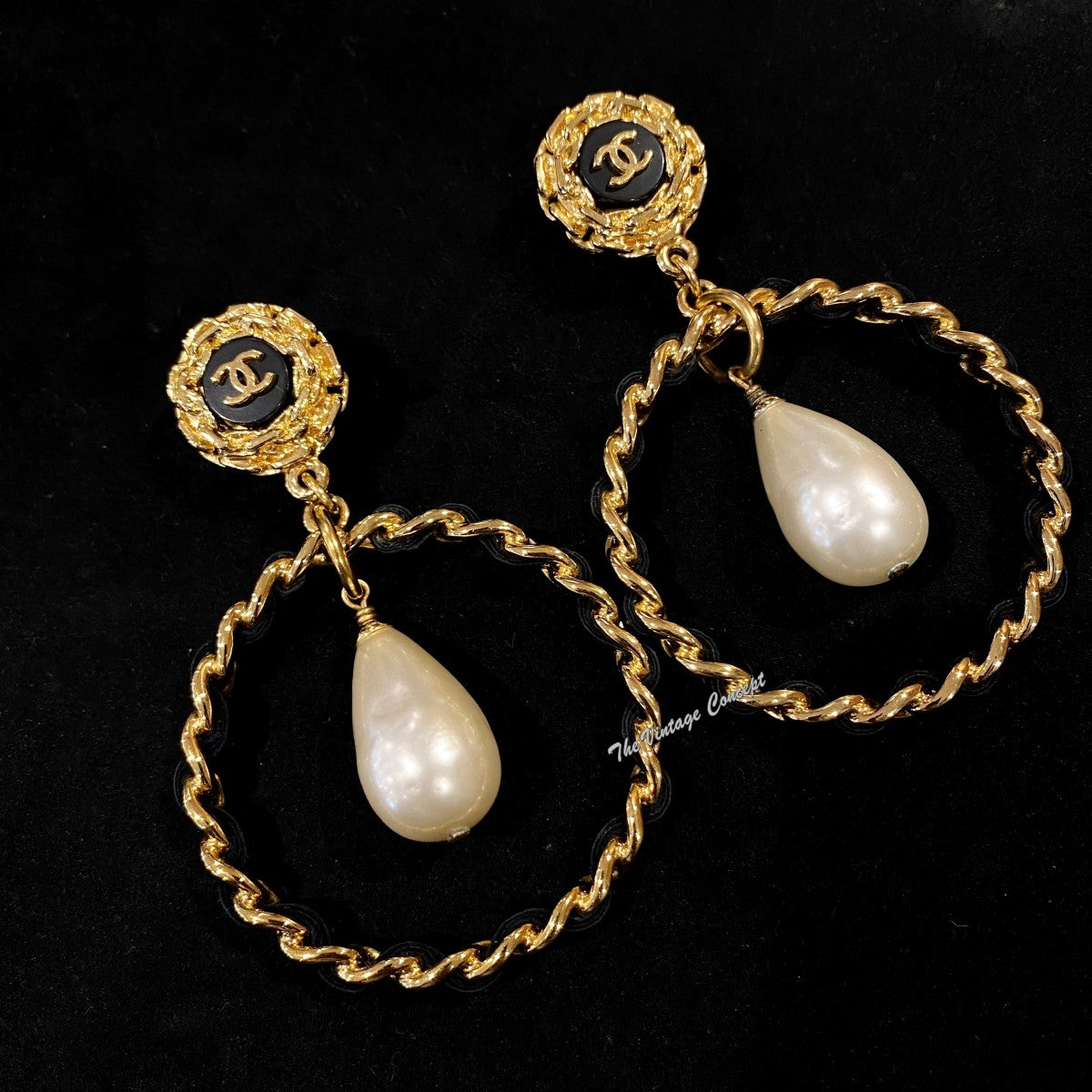 Chanel Gold Tone Dangle Faux Pearl Chunky Leather Hoop Clip Earrings 95A (SOLD)