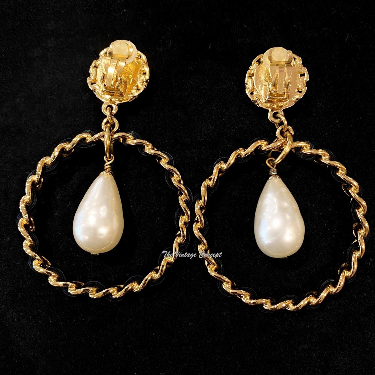 Chanel Gold Tone Dangle Faux Pearl Chunky Leather Hoop Clip Earrings 95A (SOLD)