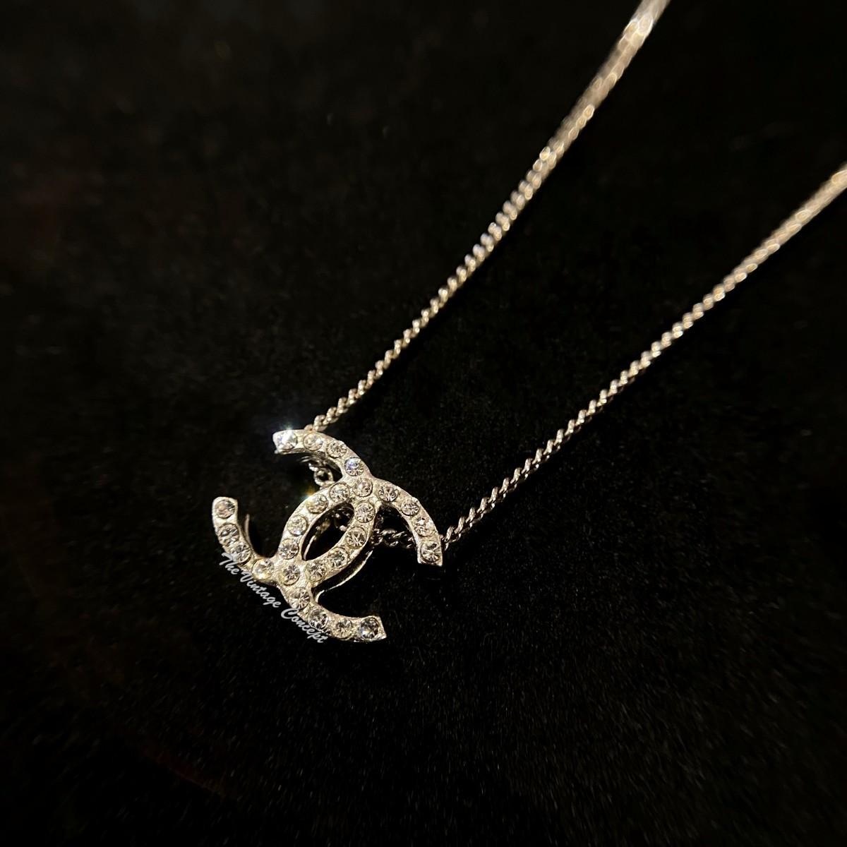 Chanel Silver Plated Rhinestone Small CC Logo Short Necklace 10A (SOLD)