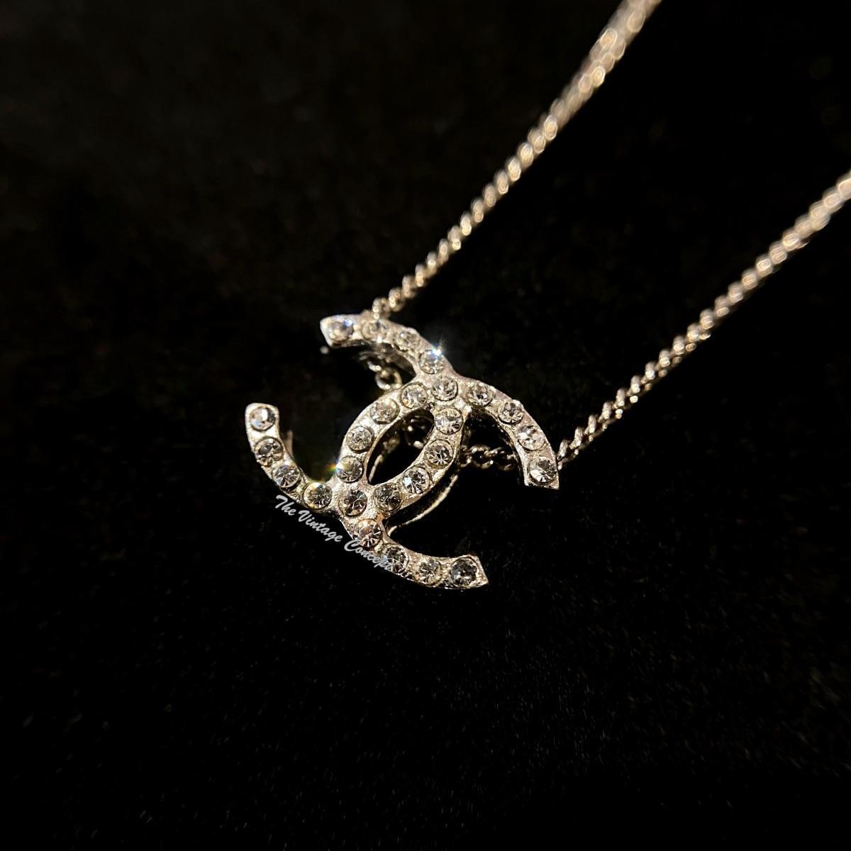 Chanel Silver Plated Rhinestone Small CC Logo Short Necklace 10A (SOLD)