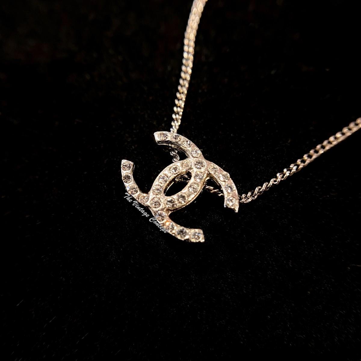 Chanel Silver Plated Rhinestone Small CC Logo Short Necklace 10A (SOLD)