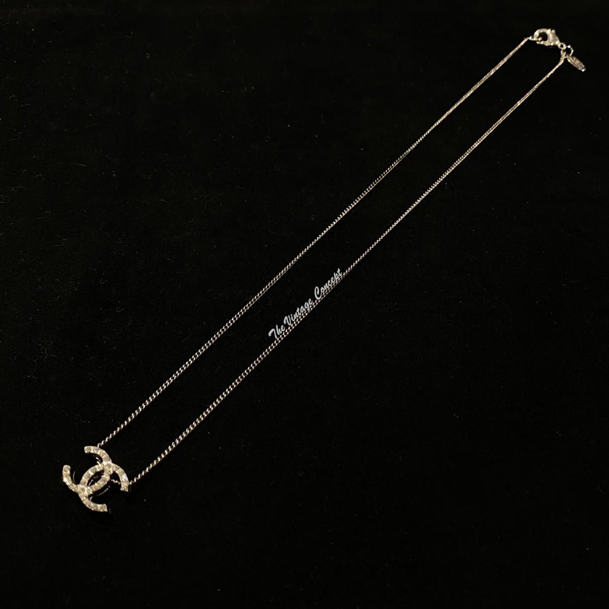 Chanel Silver Plated Rhinestone Small CC Logo Short Necklace 10A (SOLD)