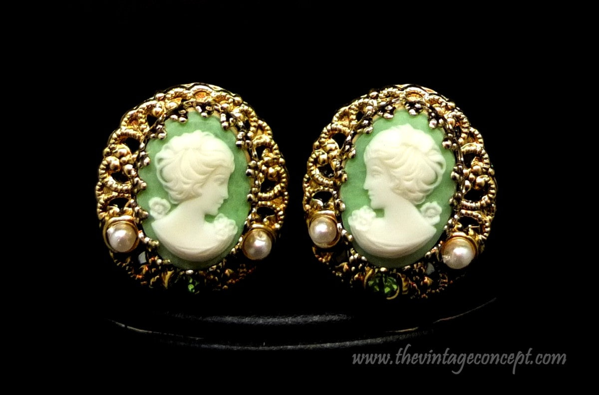 1950 West German Green Cameo Necklace and Clips Earrings Set (SOLD)