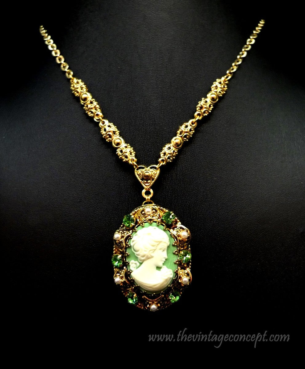 1950 West German Green Cameo Necklace and Clips Earrings Set (SOLD)