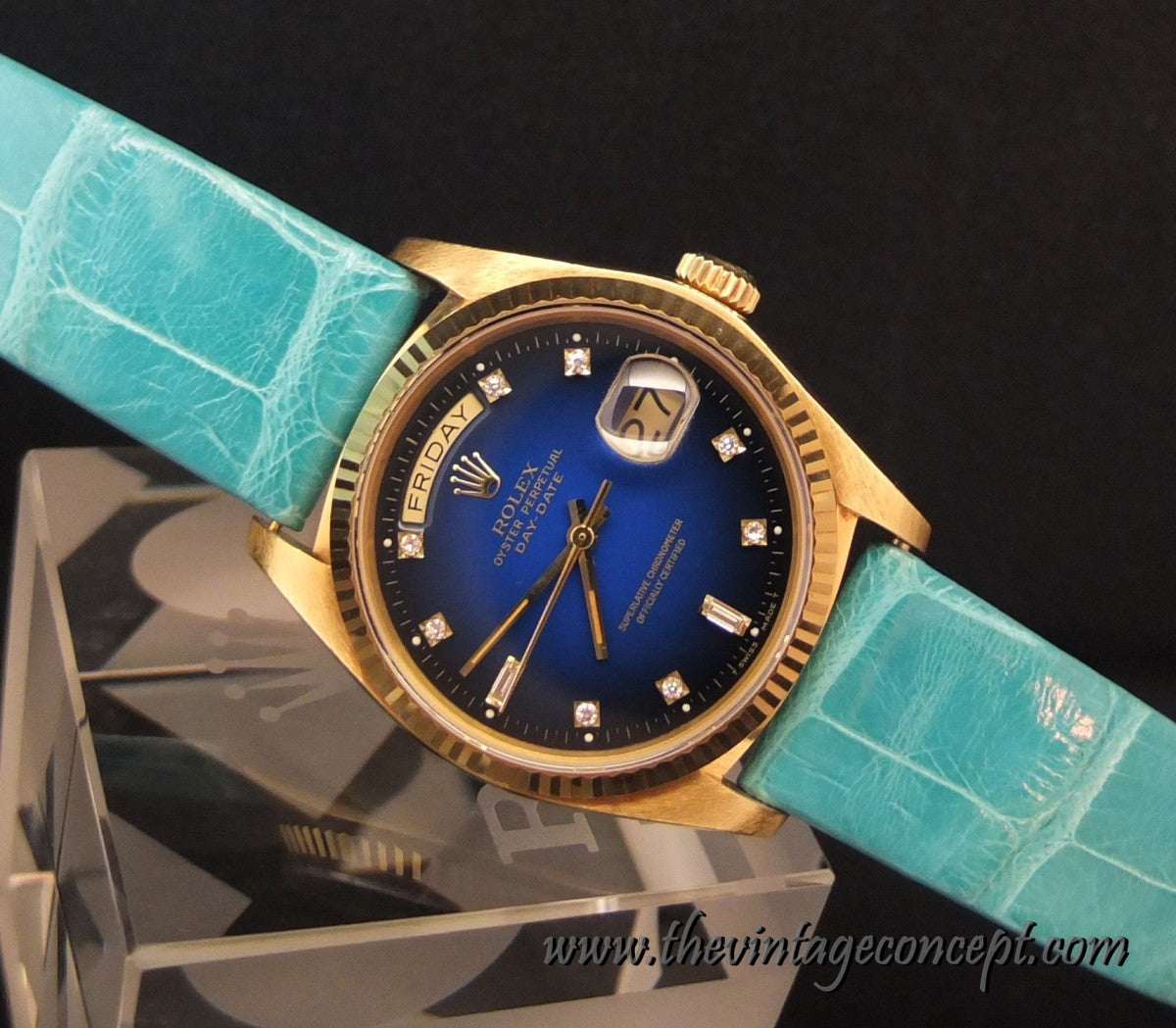 Rolex 18K YG Day Date Blue Dial w/ Diamond Index 18038 (SOLD)