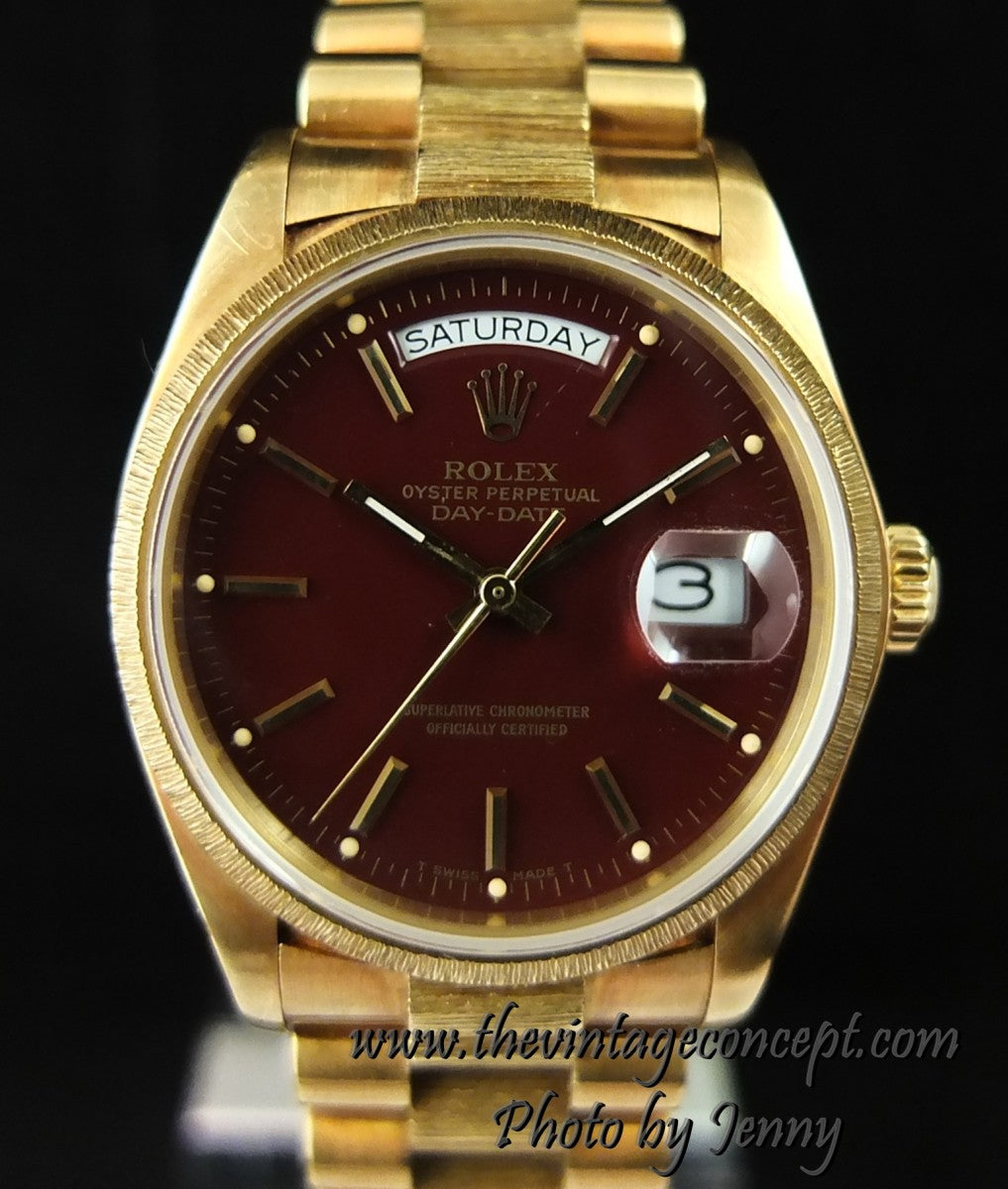 Rolex 18K YG Day-Date Oxblood Stella Bark - Finish Bezel 18078 (SOLD)