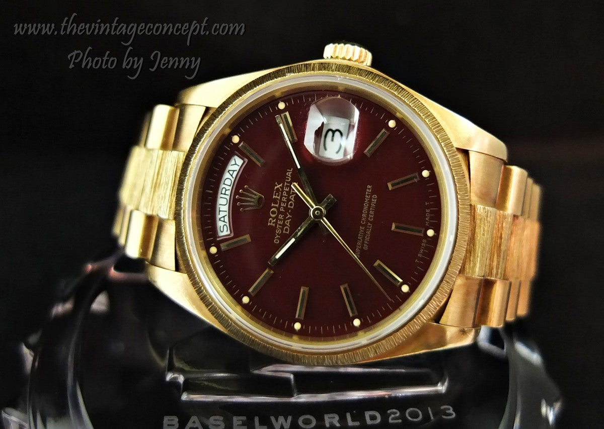 Rolex 18K YG Day-Date Oxblood Stella Bark - Finish Bezel 18078 (SOLD)