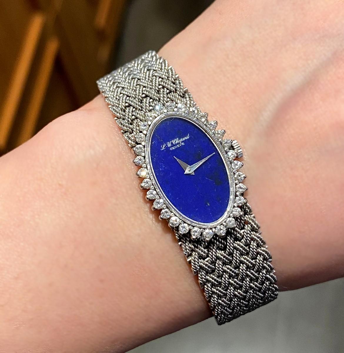 L.U.Chopard 18K White Gold Lapis Dial Manual Wind Cocktail Watch