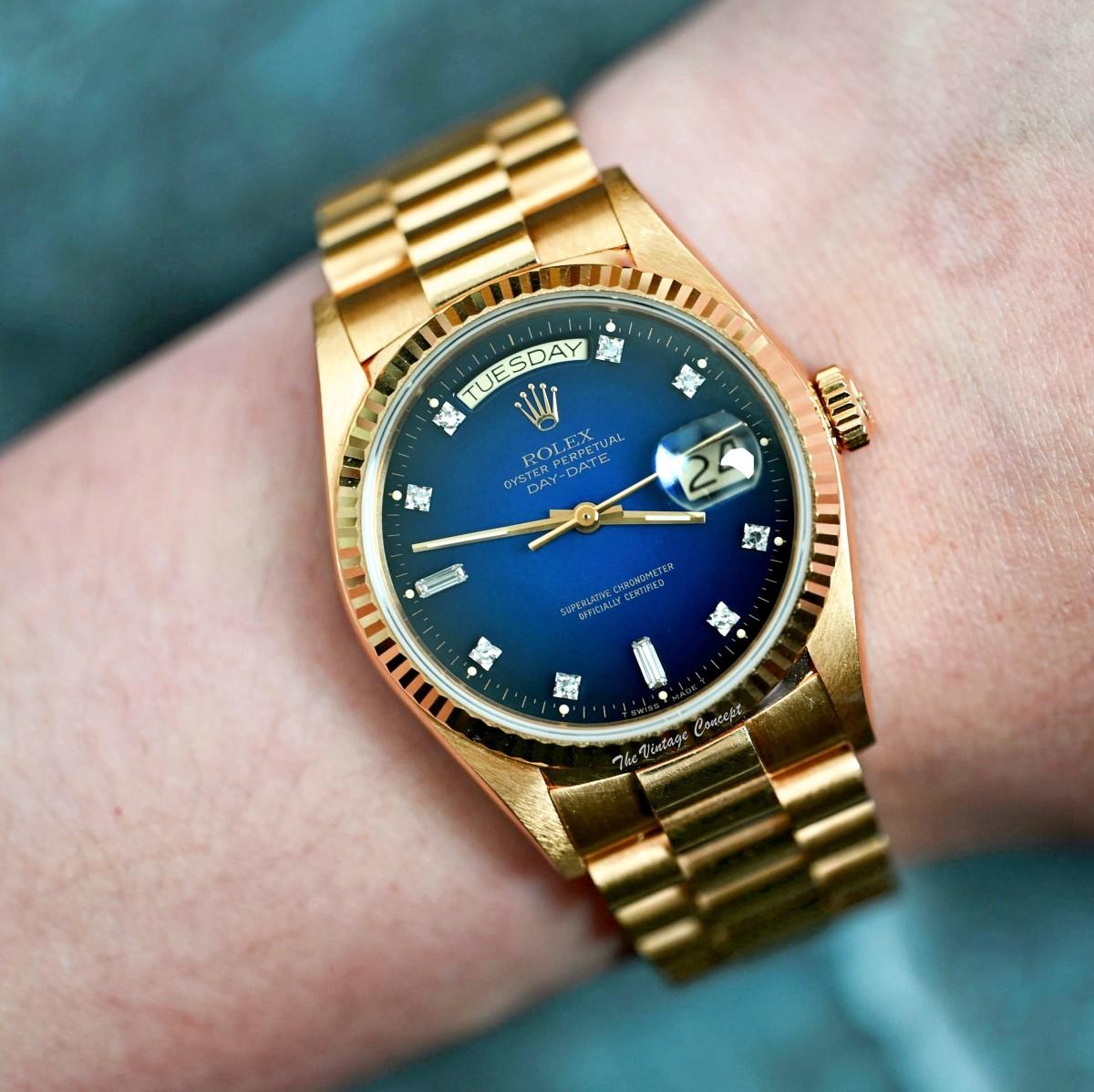 Rolex Day-Date 18K YG Ombré Blue Dial w/ Diamond Indexes 18038