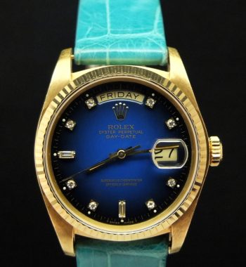Rolex 18K YG Day Date Blue Dial w/ Diamond Index 18038 (SOLD) - The Vintage Concept