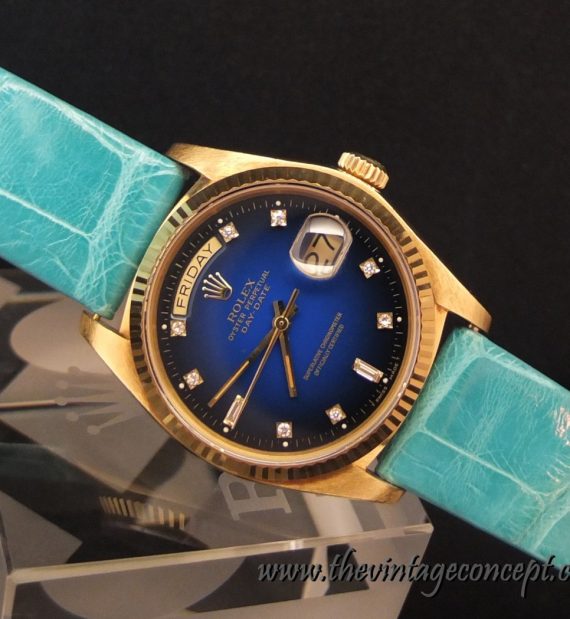 Rolex 18K YG Day Date Blue Dial w/ Diamond Index 18038 (SOLD) - The Vintage Concept