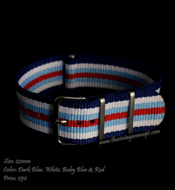 22mm Dark Blue, White, Baby Blue & Red Nato Strap - The Vintage Concept