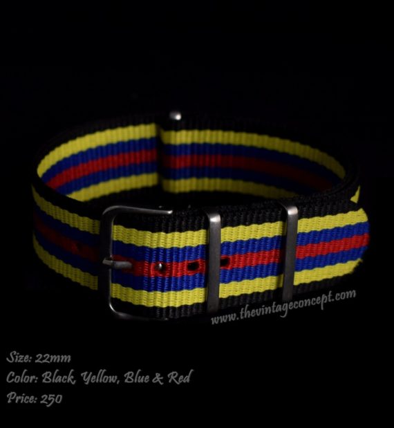 22mm Black, Yellow, Blue & Red Nato Strap - The Vintage Concept