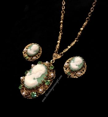 1950 West German Green Cameo Necklace and Clips Earrings Set (SOLD) - The Vintage Concept