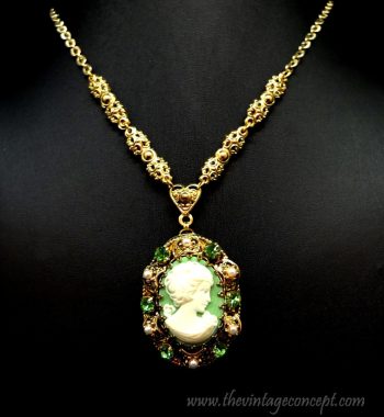 1950 West German Green Cameo Necklace and Clips Earrings Set (SOLD) - The Vintage Concept