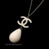 Chanel Silver Glitter Logo w/ White Drop Necklace (SOLD)
