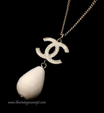 Chanel Silver Glitter Logo w/ White Drop Necklace (SOLD) - The Vintage Concept
