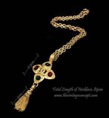 Chanel Logo w/ Green & Red Stones Long Necklace (SOLD) - The Vintage Concept
