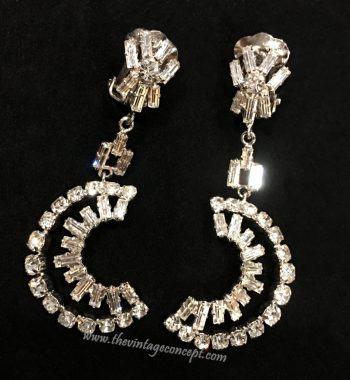 1950's British Baguette Crystal Rhinestone Half Moon Drop Clip Earrings (SOLD) - The Vintage Concept