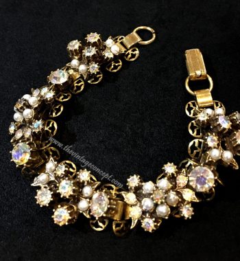 1950's Vintage Florenza Aurora Borealis Crystal & Faux Pearl Bracelet - The Vintage Concept