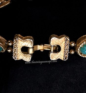 1950's Goldette Carved Green Glass Stone & Charms Gold Plated Bracelet (SOLD) - The Vintage Concept